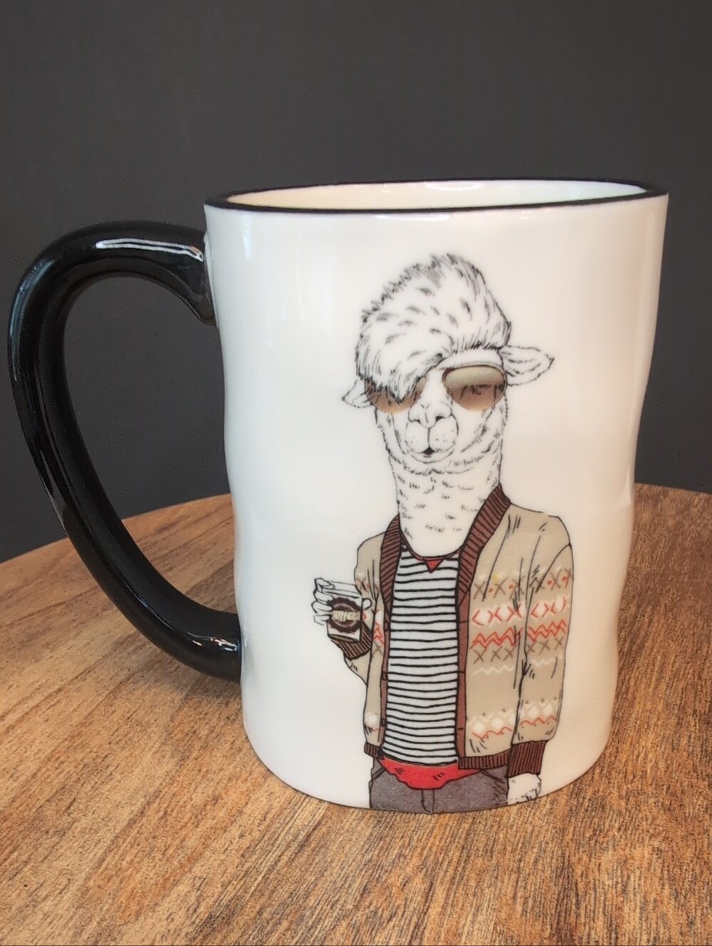 Hipster Stoneware Coffee Mug With Llama In Sunglasses And Patterned Cardigan
